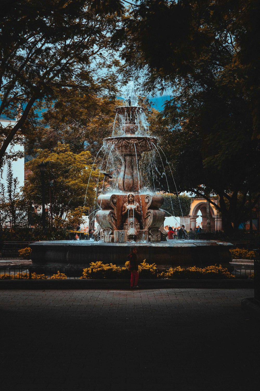 a fountain with water in a park