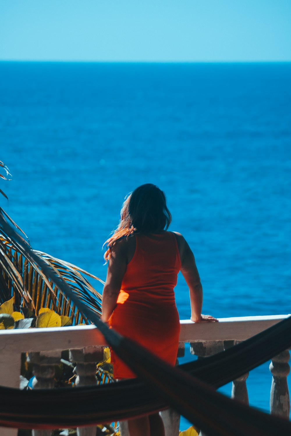 a person standing on a balcony looking out at the ocean