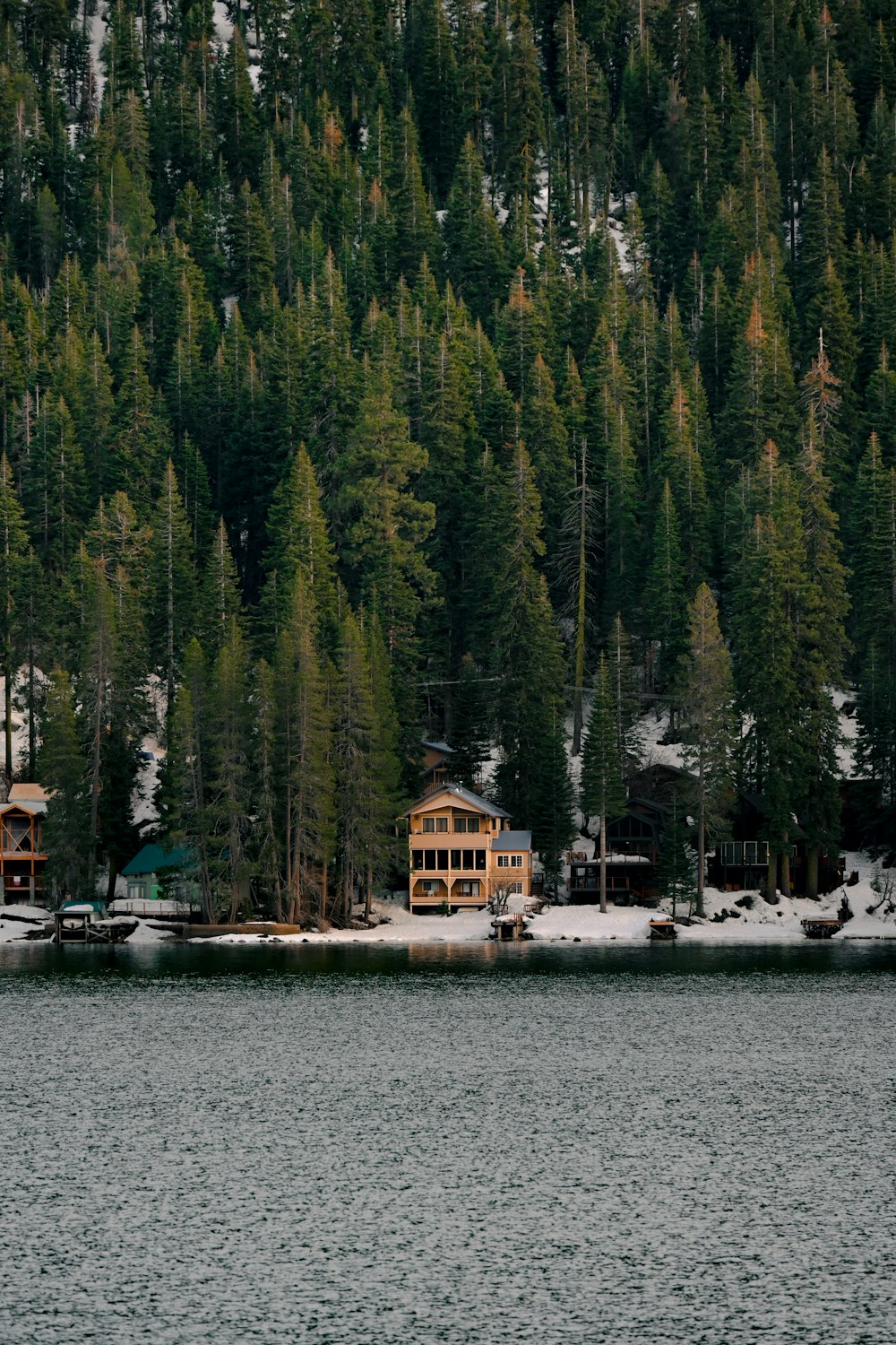 Ein Haus auf einem Hügel an einem See mit Bäumen