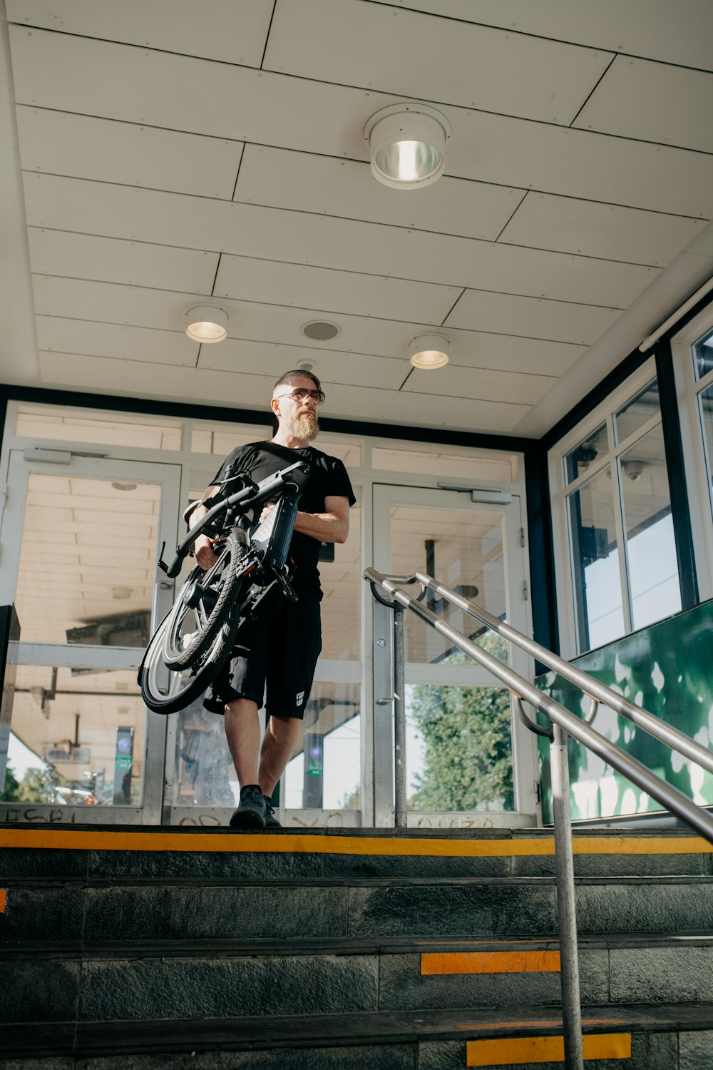 a man walking up stairs