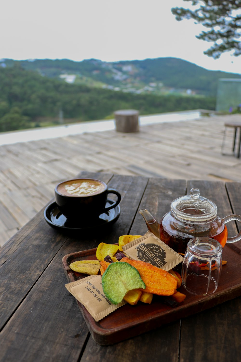 a table with a cup of coffee and fruit on it