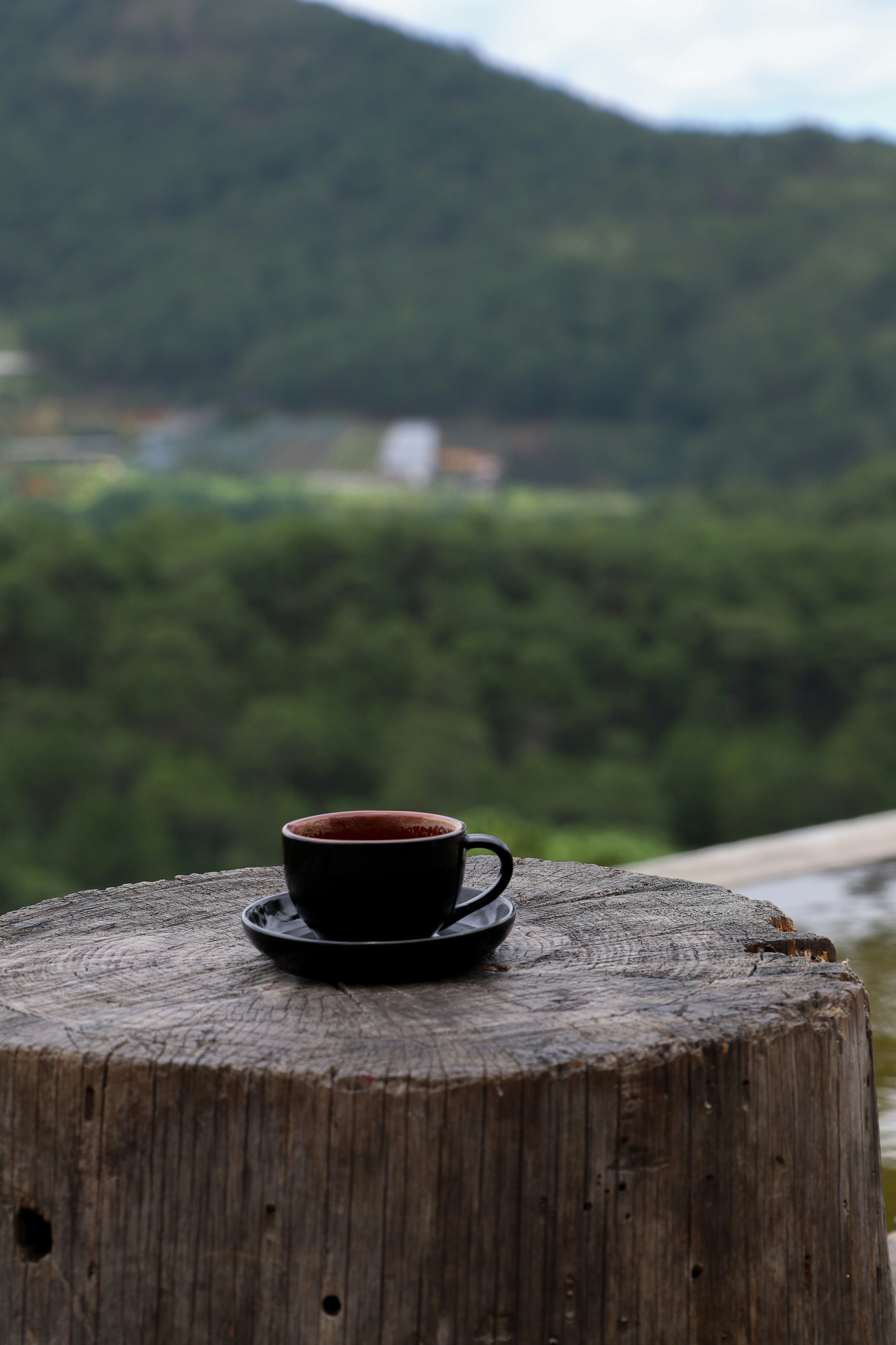 a cup of coffee on a wood table with a forest in the background