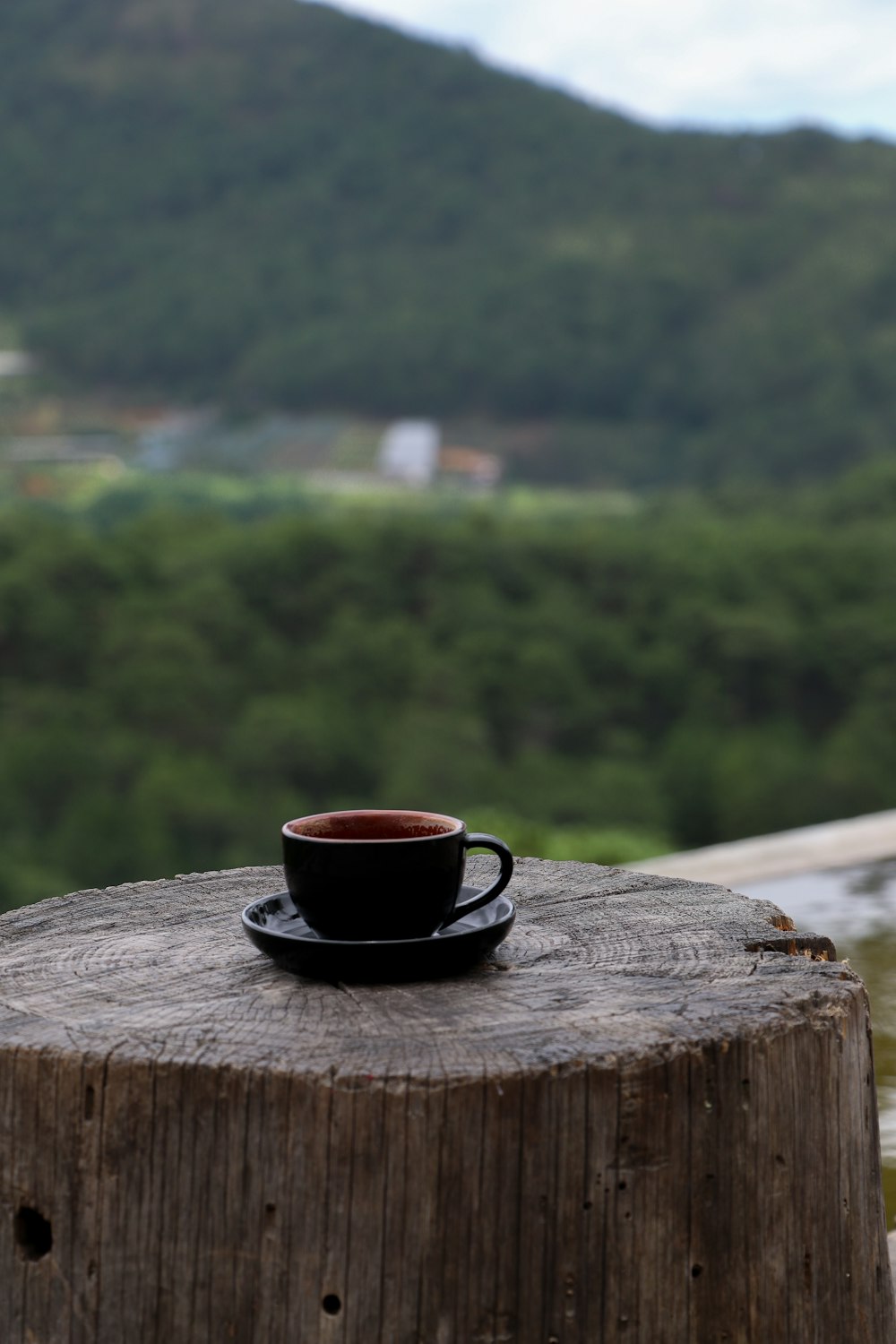 a cup of coffee on a wood table with a forest in the background