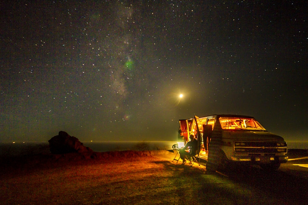 a camper with a campfire at night