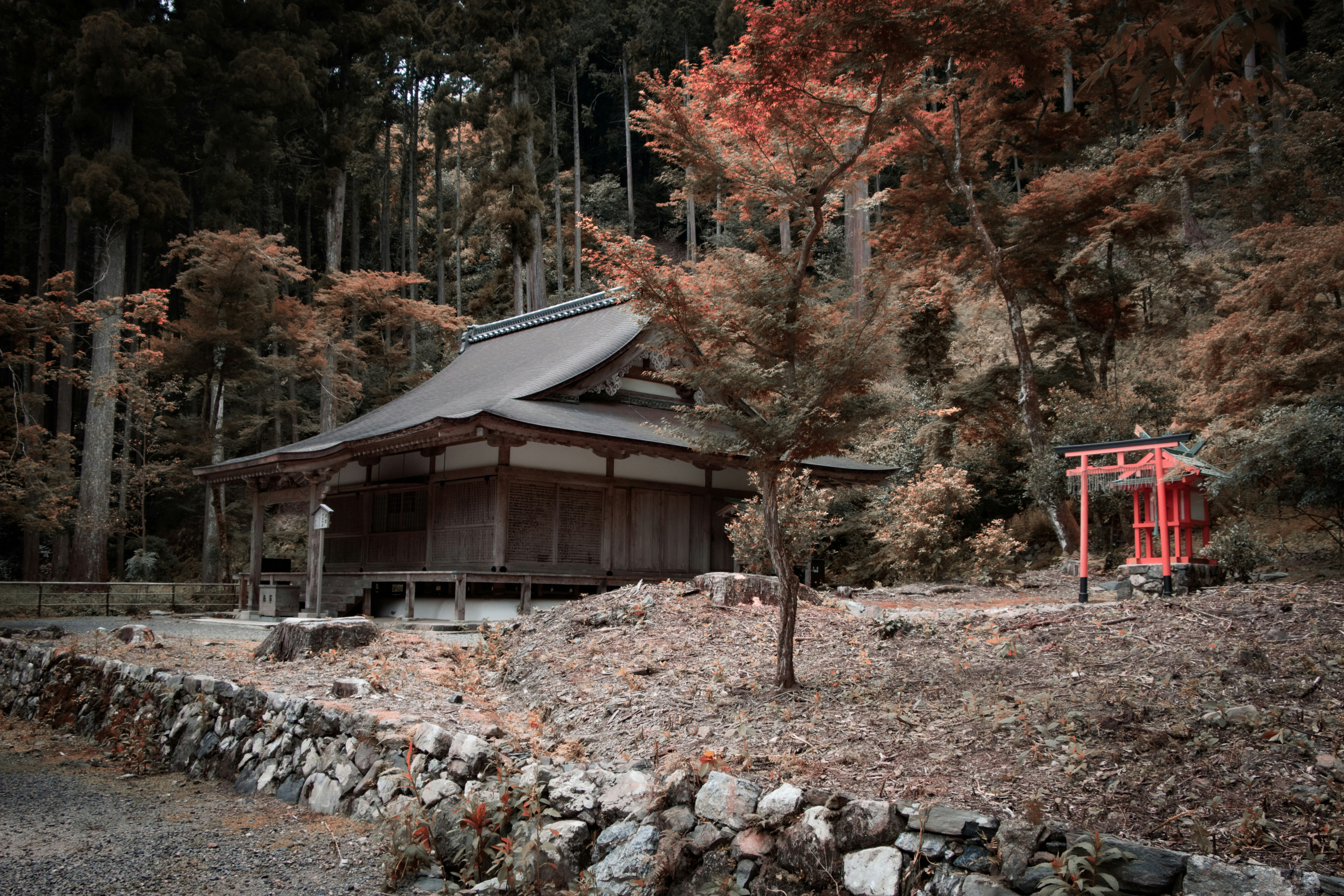 a building with a red roof surrounded by trees