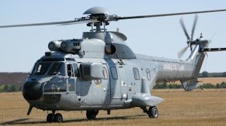 A large, grey military helicopter is parked on a grassy airfield. The helicopter has twin rotors and various equipment mounted on its body. The words 'Armee de l'Air' are visible on the side, indicating it belongs to the French Air Force. The background shows a clear sky and open fields.