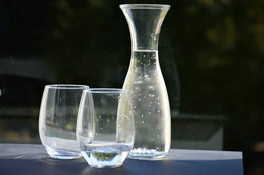 Une carafe en verre et deux verres, eau pétillante