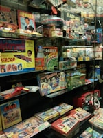 A glass display case filled with vintage toys and board games featuring themes from 1960s and 1970s pop culture, including models, action figures, and games inspired by comics, TV shows, and science fiction. Prominent items include a Doctor Who board game with Daleks, a Batman puzzle, an Avengers themed game, and various model kits.