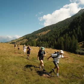 A joyful group enjoying a sunny day hiking together in the mountains.