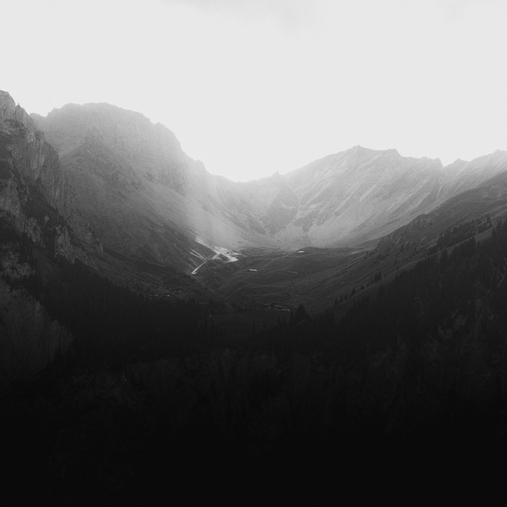 a valley with mountains in the background