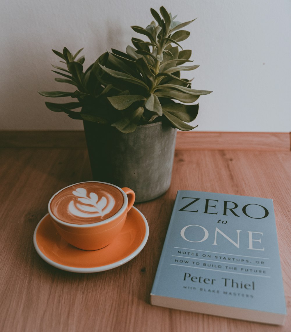 a plant in a pot next to a book