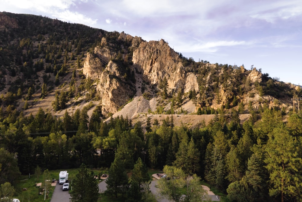 a mountain with trees and a road