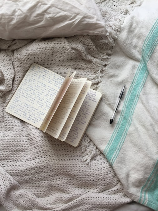 An open handwritten journal with a pen resting on a bed with knit blankets