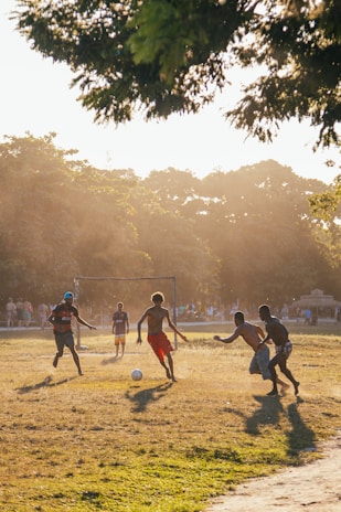 A group of young people playing soccer on a grassy field, with sunlight filtering through trees in the background. The scene captures the dynamic movement and energy of the game as dust is kicked up from the ground.