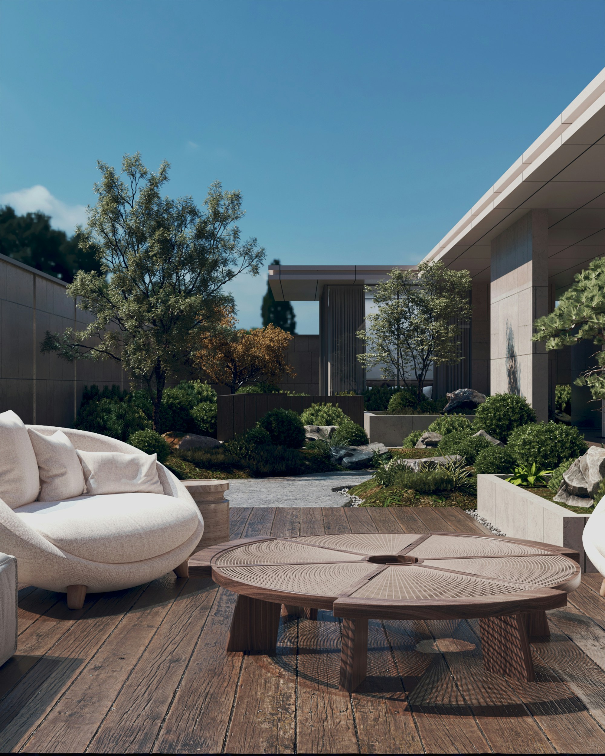 a patio with a table and chairs