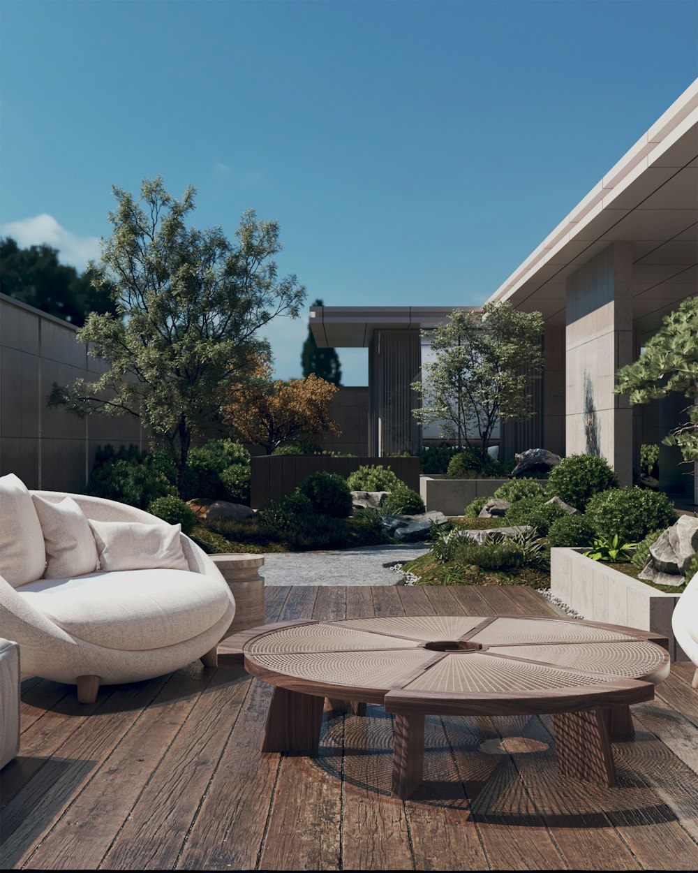 a patio with a table and chairs