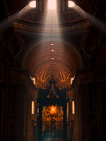 Sunlight streaming through stained glass windows illuminating the altar