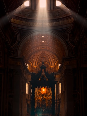 Pastor delivering an inspiring message with warm sunlight streaming through stained glass.