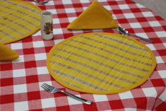 a plate with a yellow circle on it and a fork on it place mats Kanha Universal Export