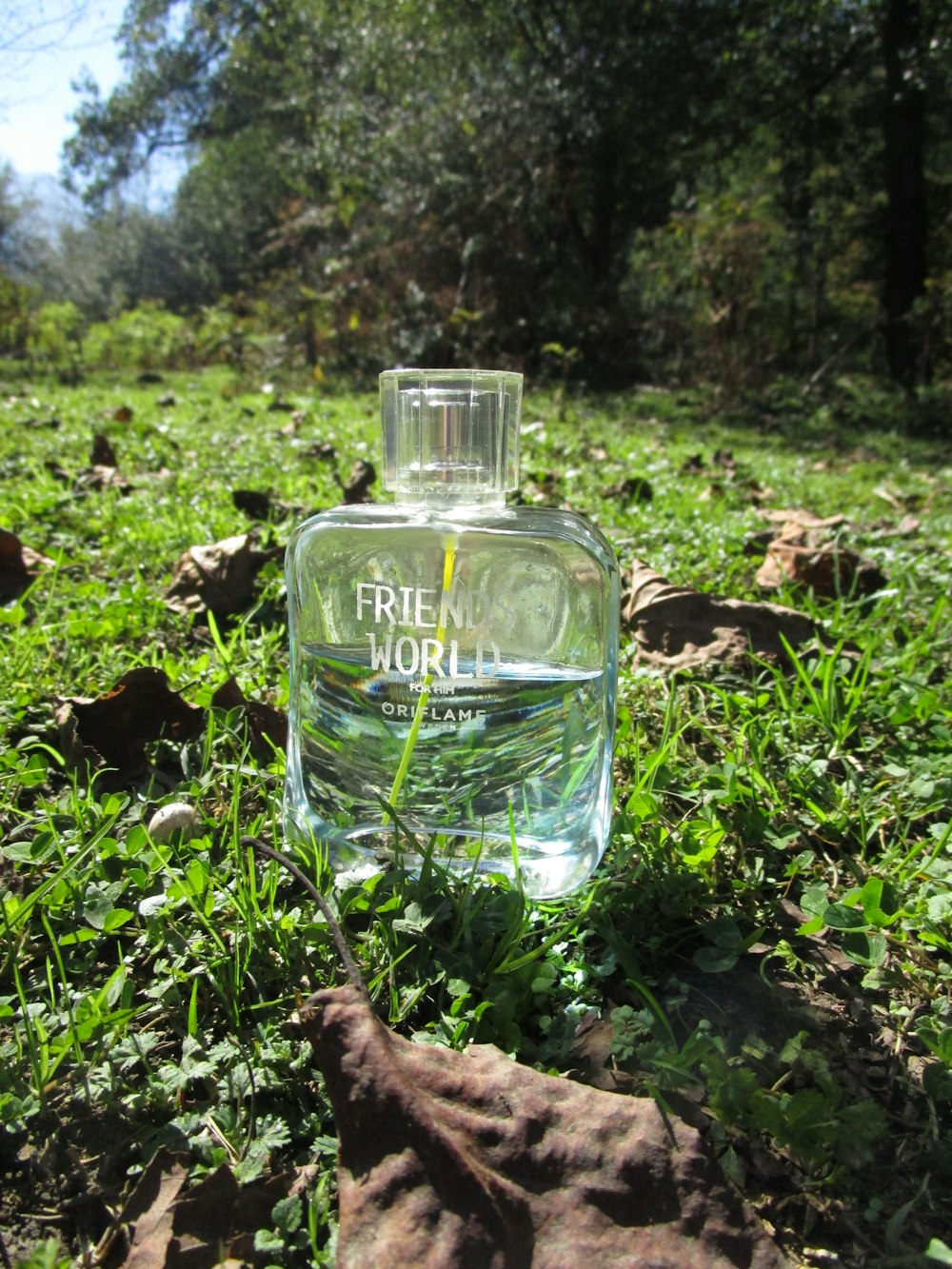 a glass bottle on the grass