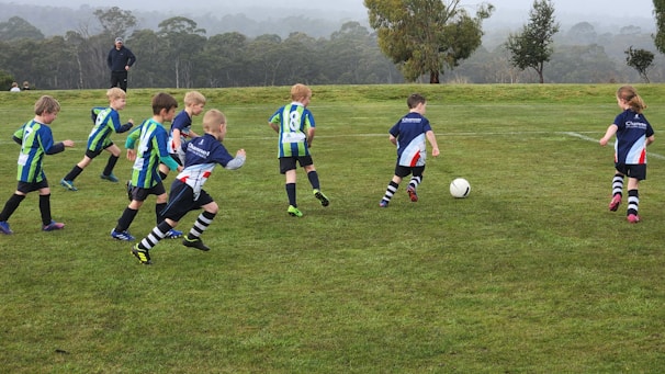A group of young children is playing soccer energetically on a grassy field. The children are wearing striped uniforms, with some in blue and others in green. The soccer ball is in motion, and one child appears to be in control of it, leading the others. In the background, there's a forested area with trees and a misty atmosphere. An adult stands watching in the distance.