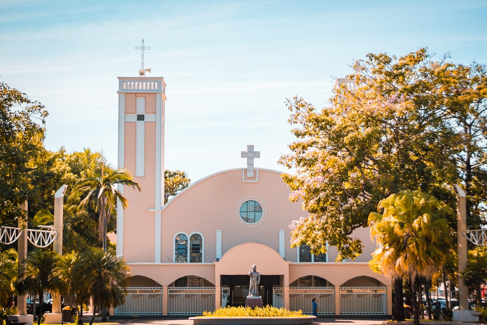 a church with palm trees