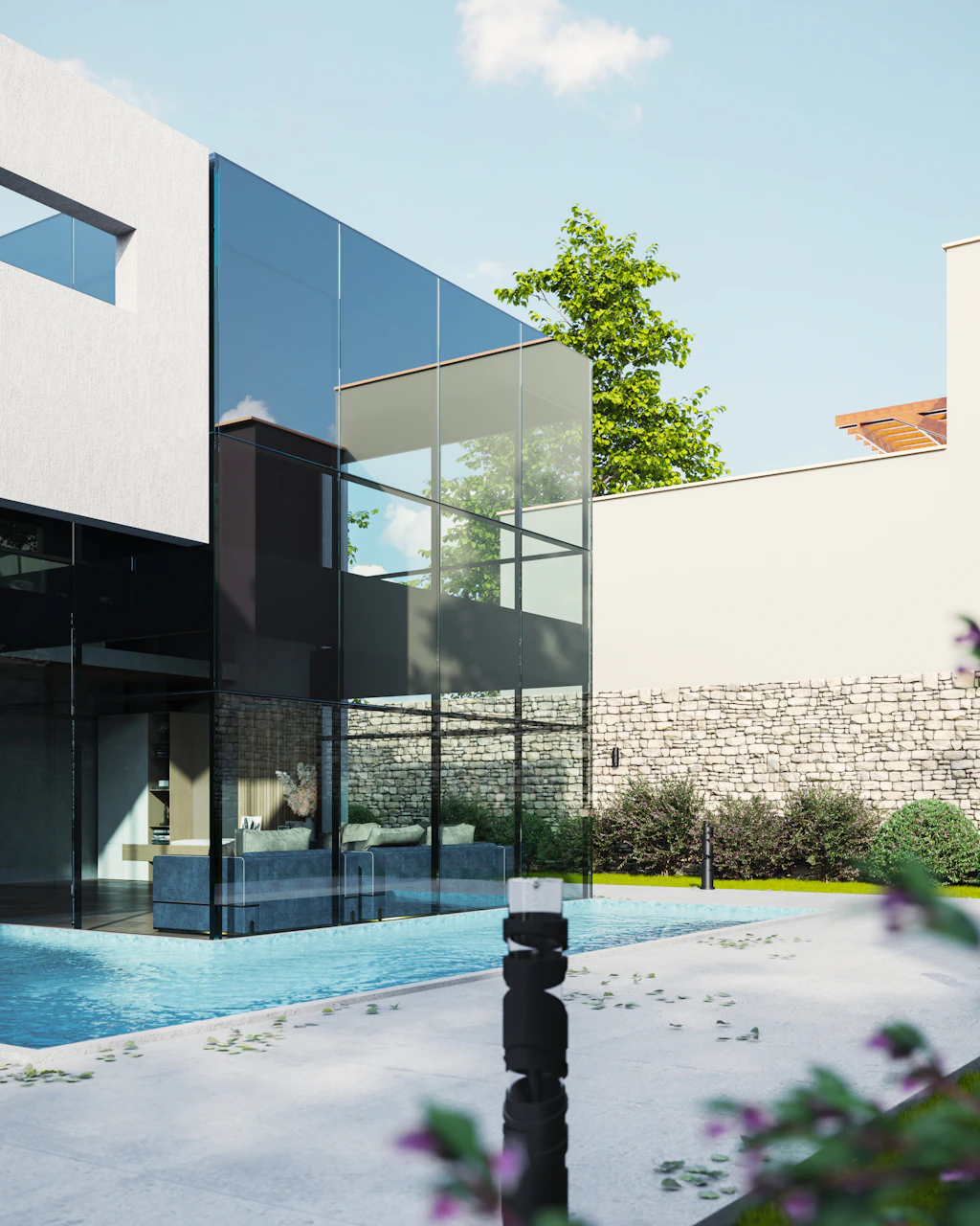 Fațadă din sticlă și profile de aluminiu negre, lângă piscină