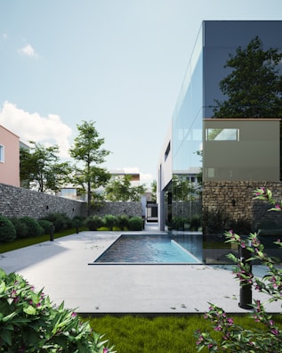 a swimming pool outside a building