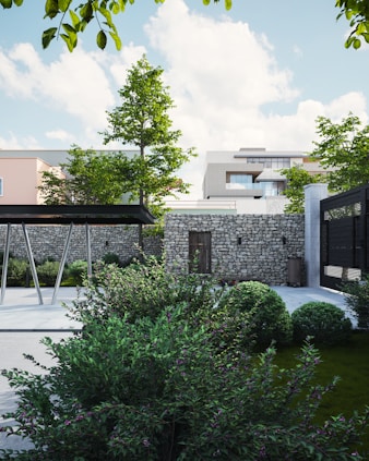 a building with a large garden