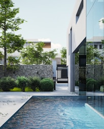 a swimming pool outside a building