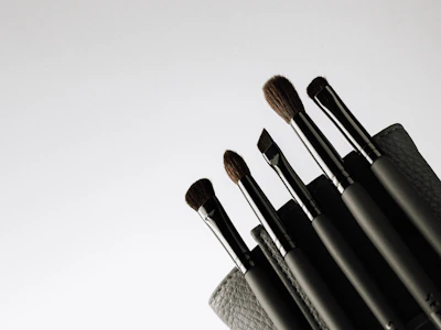Set of makeup brushes with wooden handles arranged neatly on a plain white background.