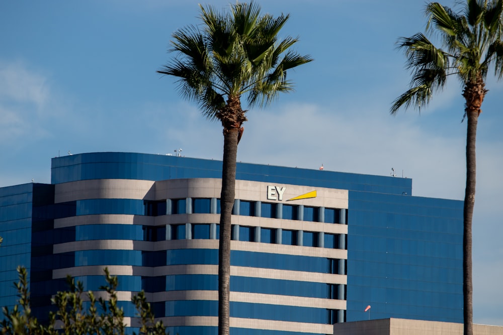 a building with palm trees in front of it