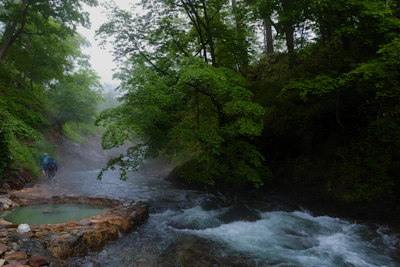 Happy travelers experiencing a health retreat in a natural landscape