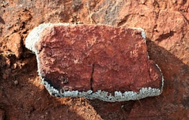 A rough, reddish-brown rock is laying on a surface with patches of white lichen growing around its edges. The texture of the rock is rugged and uneven, indicating natural weathering. The background is composed of a similarly colored terrain, adding a rustic and earthy appeal.