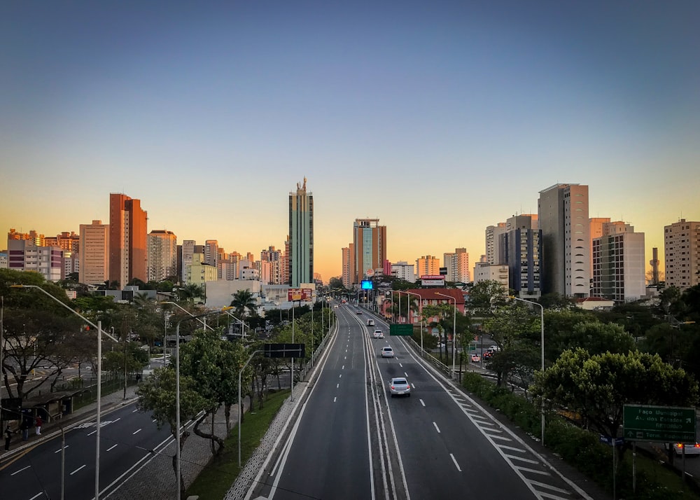 a city skyline with a freeway