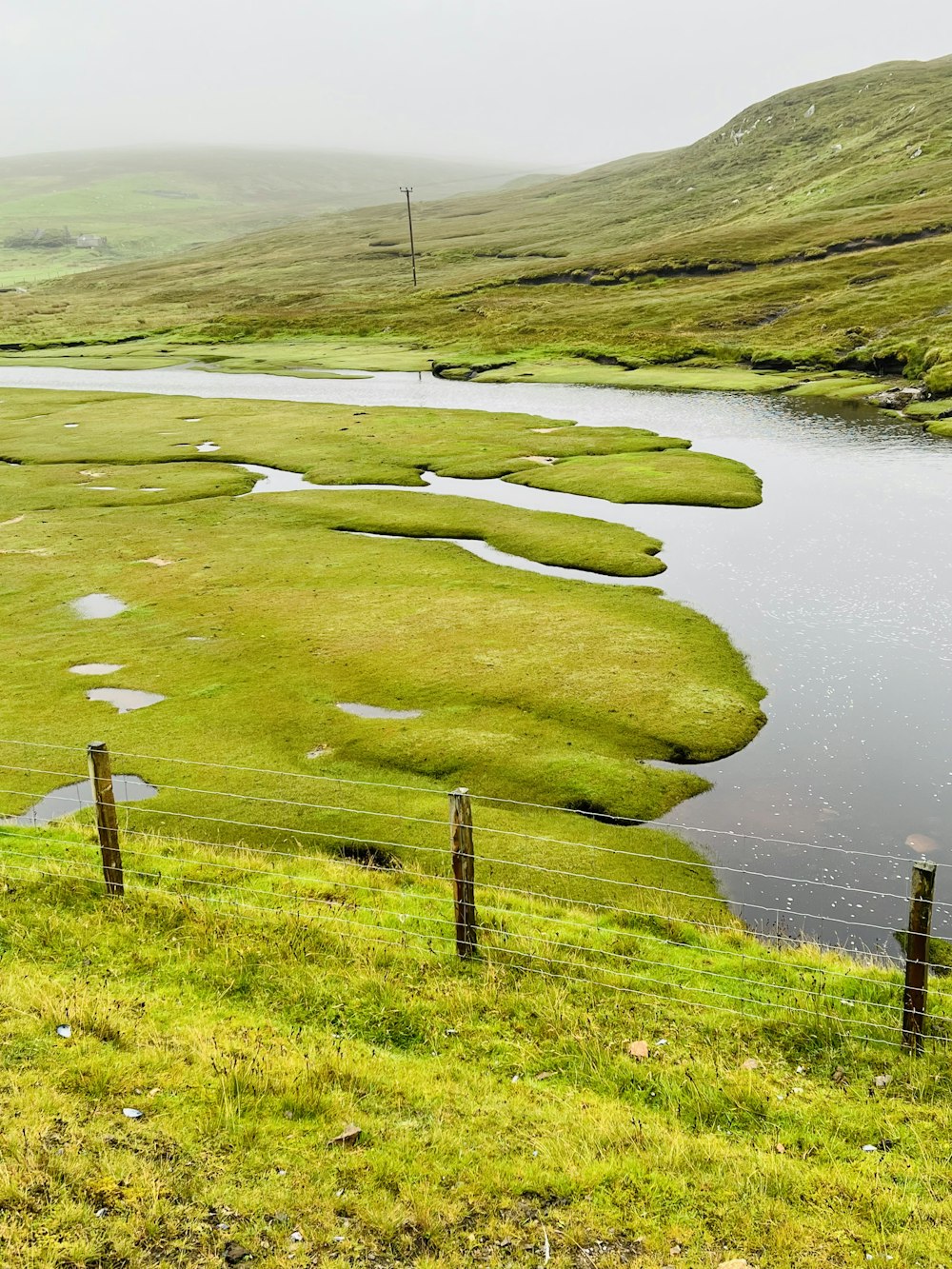 a grassy area with a body of water in the background