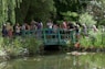 a group of people standing on a bridge over a pond