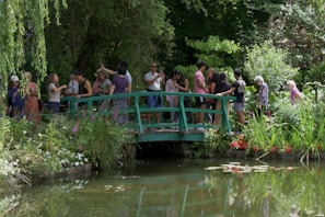 a group of people standing on a bridge over a pond