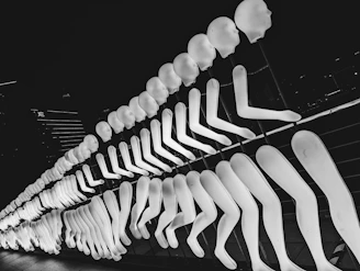 Finished prosthetic limbs lined up, showcasing different designs and sizes ready for fitting.