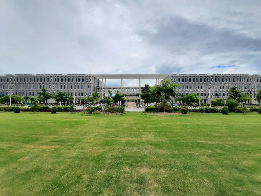 Large commercial building with an expansive maintained lawn