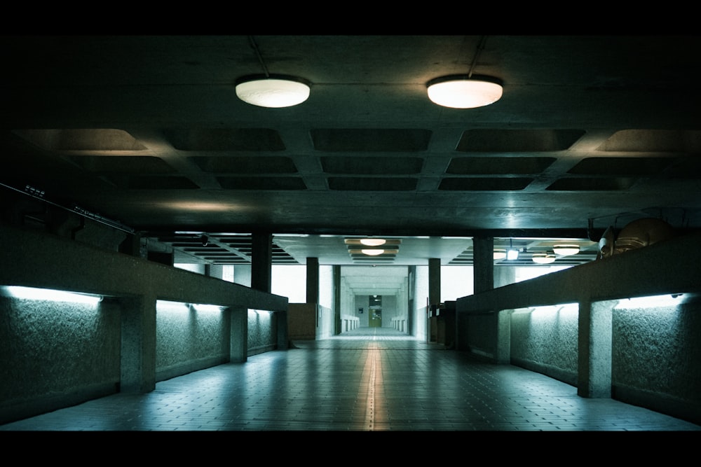 a long hallway with benches