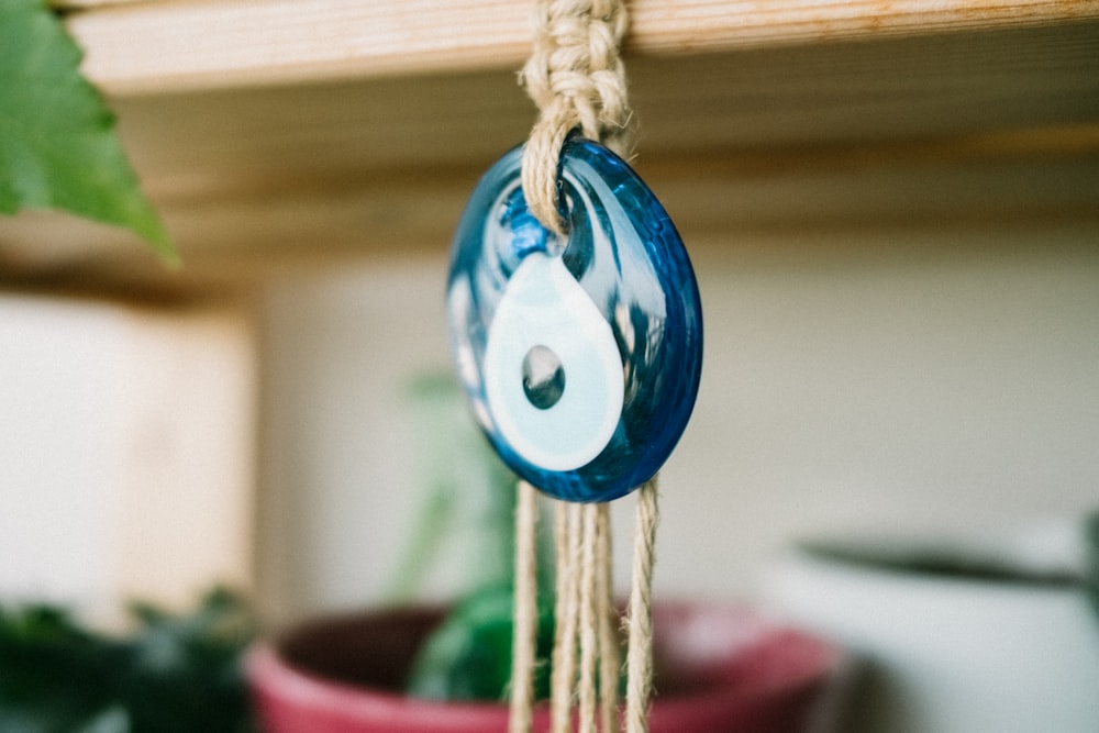 a blue and white glass globe