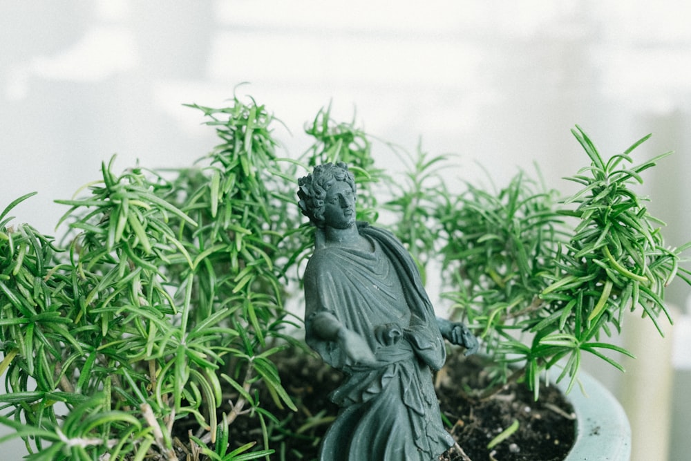 a statue of a person surrounded by plants