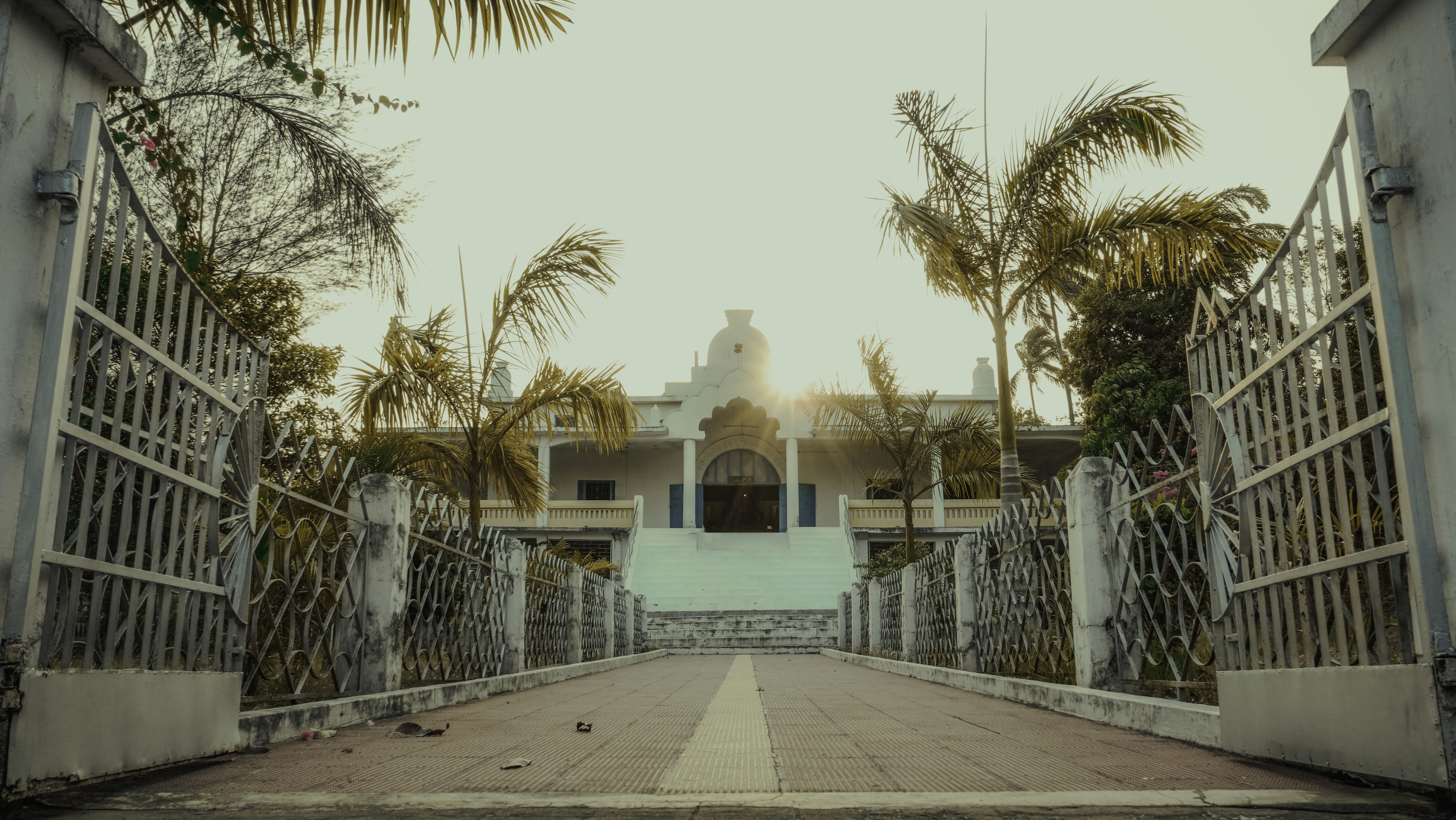 a gated walkway leading to a building with palm trees