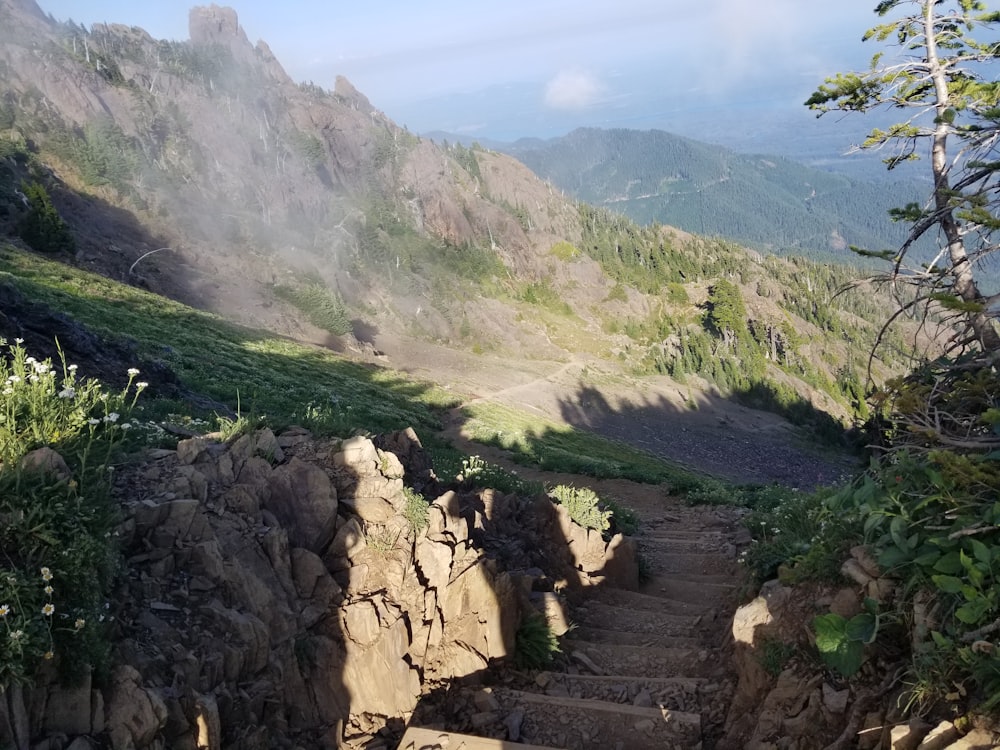 a rocky cliff with a valley below