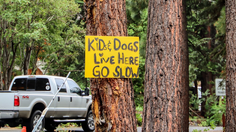 a yellow sign on a tree