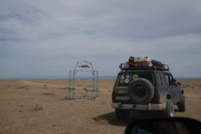 A rugged off-road vehicle is parked in a barren desert landscape with a clear sky overhead. The SUV has a spare tire on its rear and is loaded with gear on the roof rack, including bags and equipment. Nearby, there is a metal framework structure with a painted fish hanging from it, standing incongruously in the open terrain.