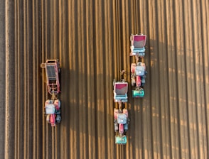 Agricultural equipment arranged neatly in a field at sunrise.