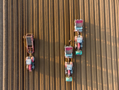 Four tractors are moving in parallel across a plowed field with precise lines of soil. They appear to be engaged in an agricultural task, possibly planting or harvesting. The lighting and shadows suggest the image was taken during golden hour.