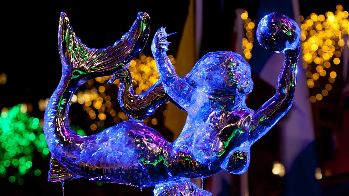 Carved ice sculpture of figures lit from within in blue and purple